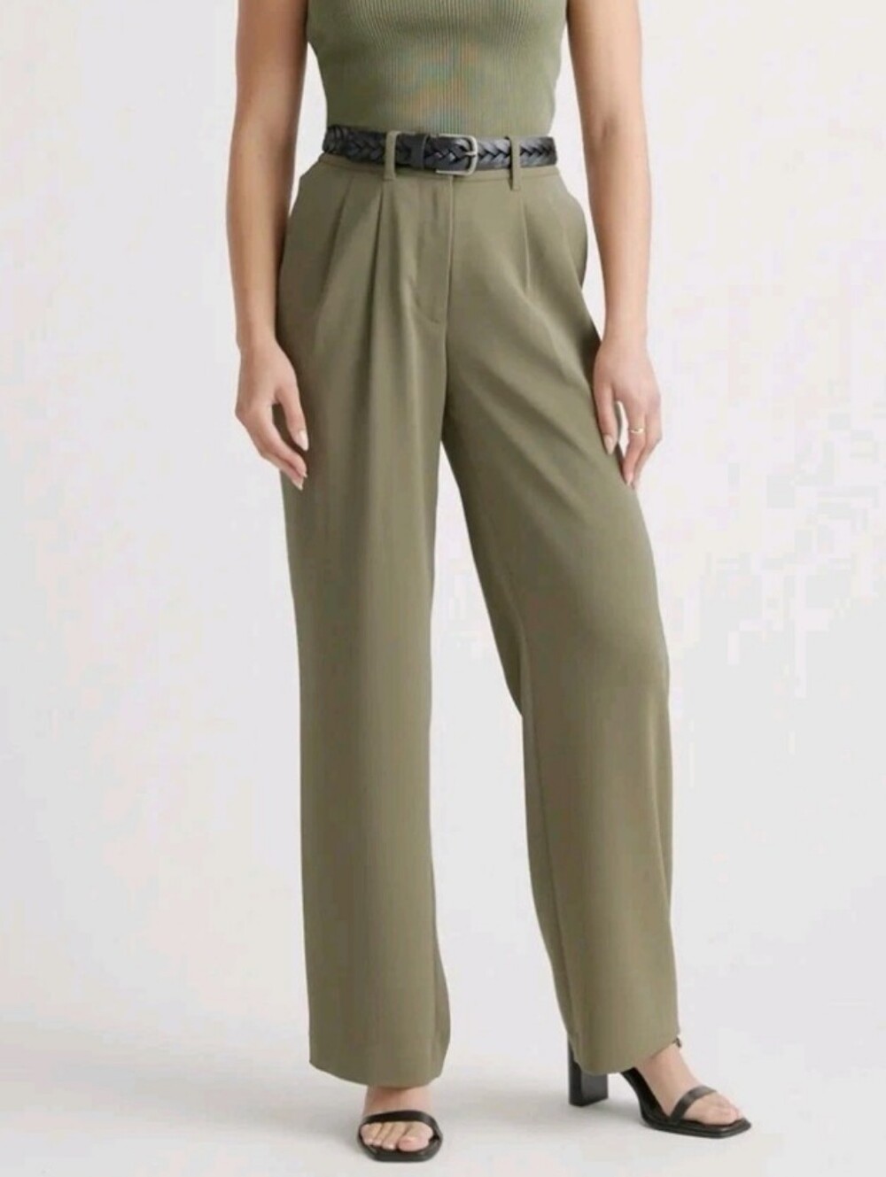 Quince Olive Green Stretch Crepe Pleated Wide Leg Pants Trouser Size 8